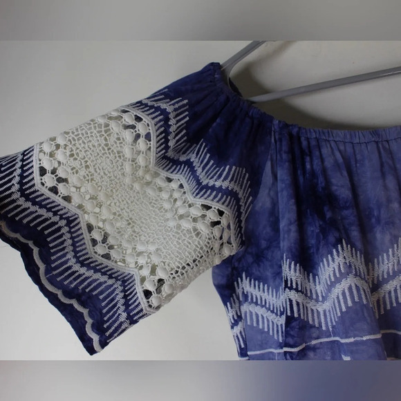 La Blanca Designer Tie-Dye Lace-Trim Off-the-Shoulder Mini Dress - Blue, Small - Picture 3 of 7